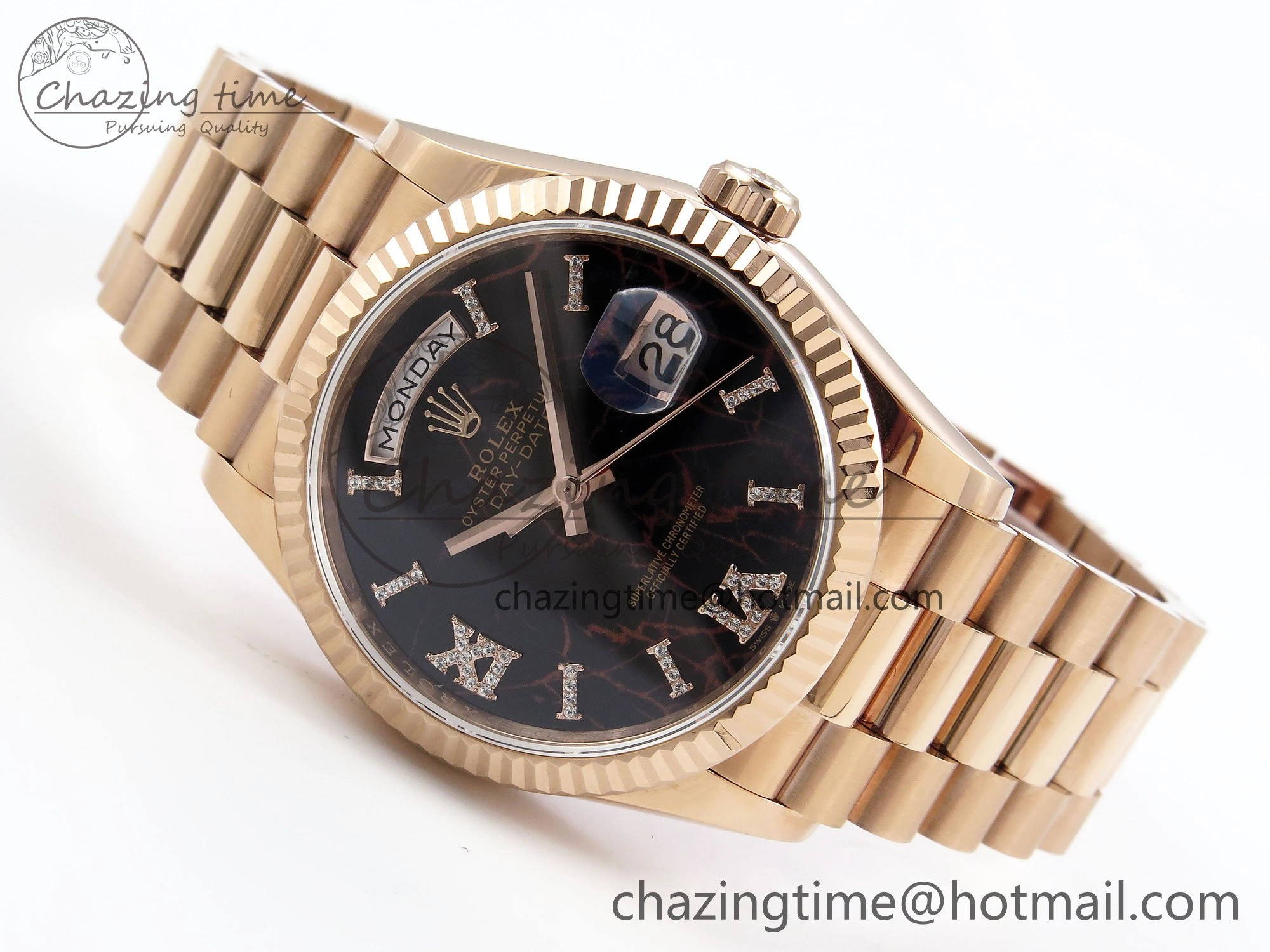 Day Date 36 RG TWSF Best Edition Black Roman Diamonds Dial on RG Bracelet A2836
