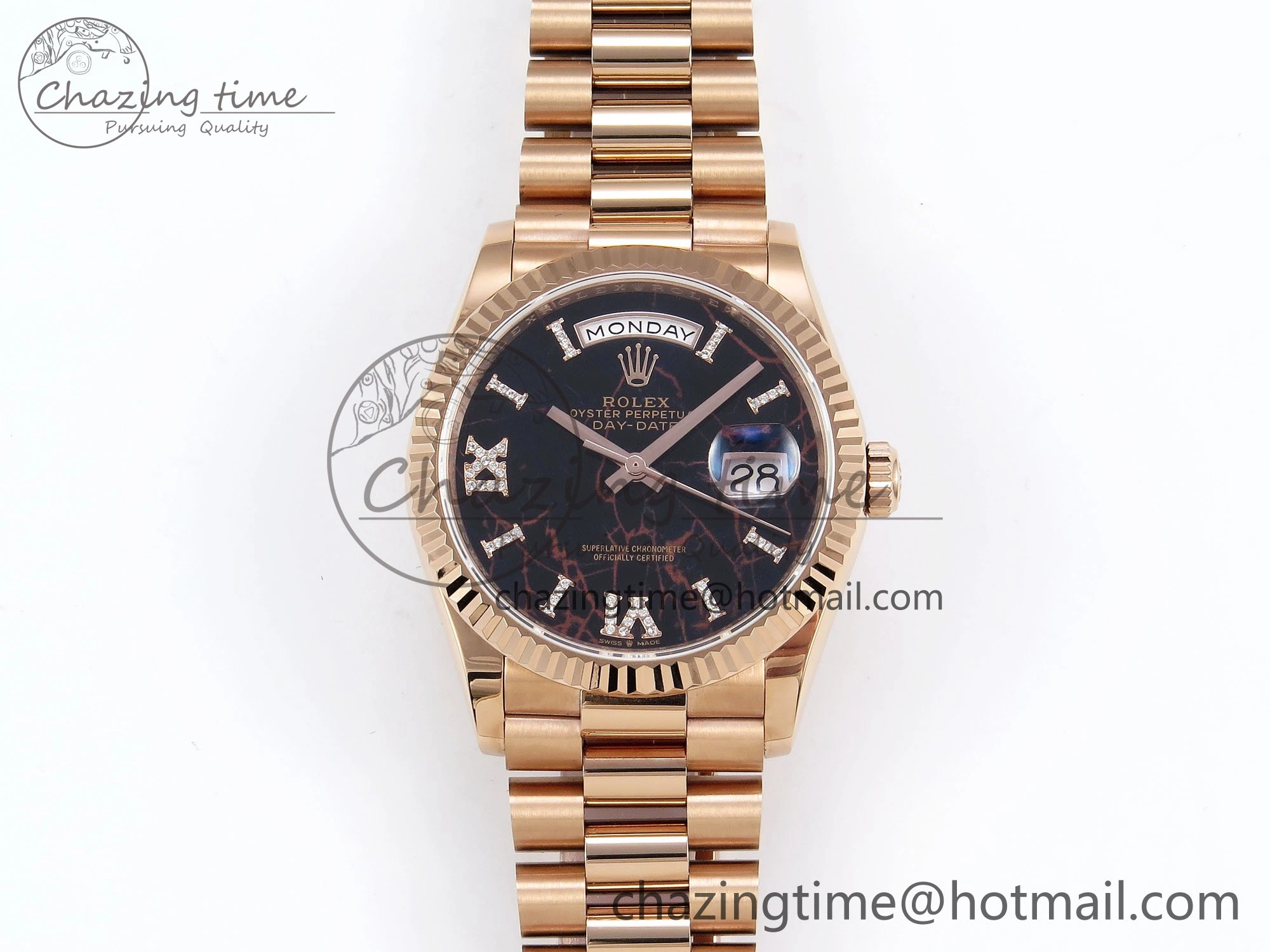 Day Date 36 RG TWSF Best Edition Black Roman Diamonds Dial on RG Bracelet A2836