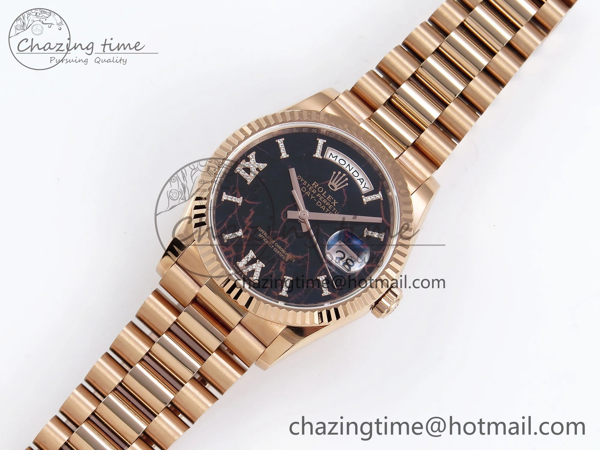 Day Date 36 RG TWSF Best Edition Black Roman Diamonds Dial on RG Bracelet A2836