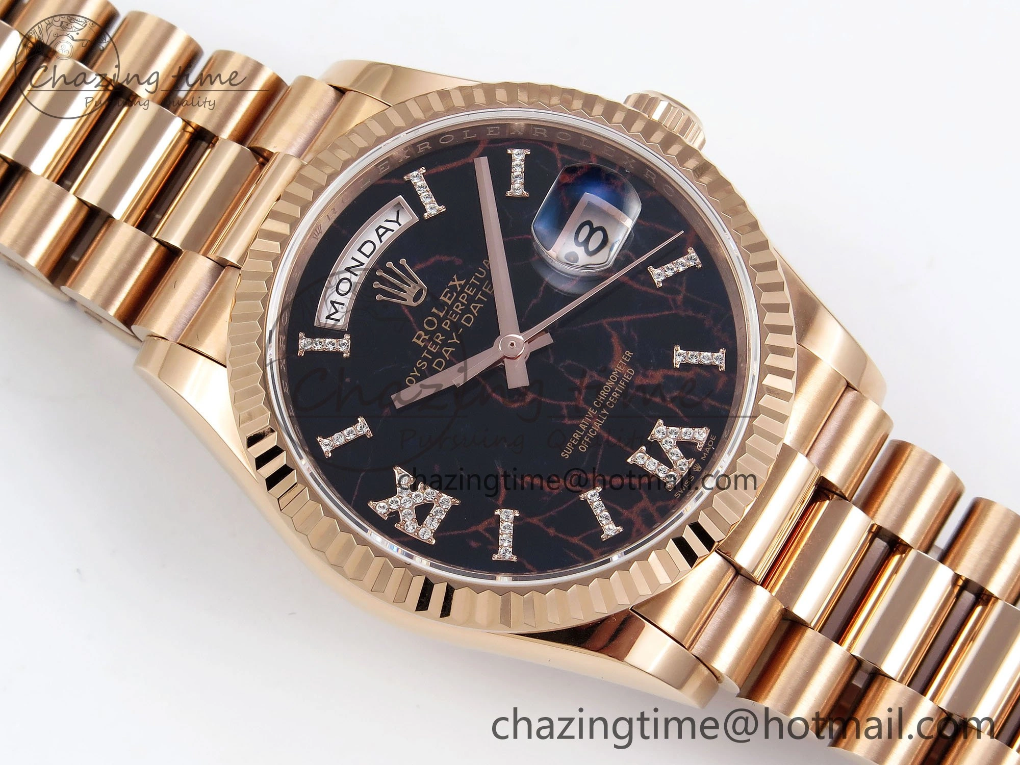 Day Date 36 RG TWSF Best Edition Black Roman Diamonds Dial on RG Bracelet A2836