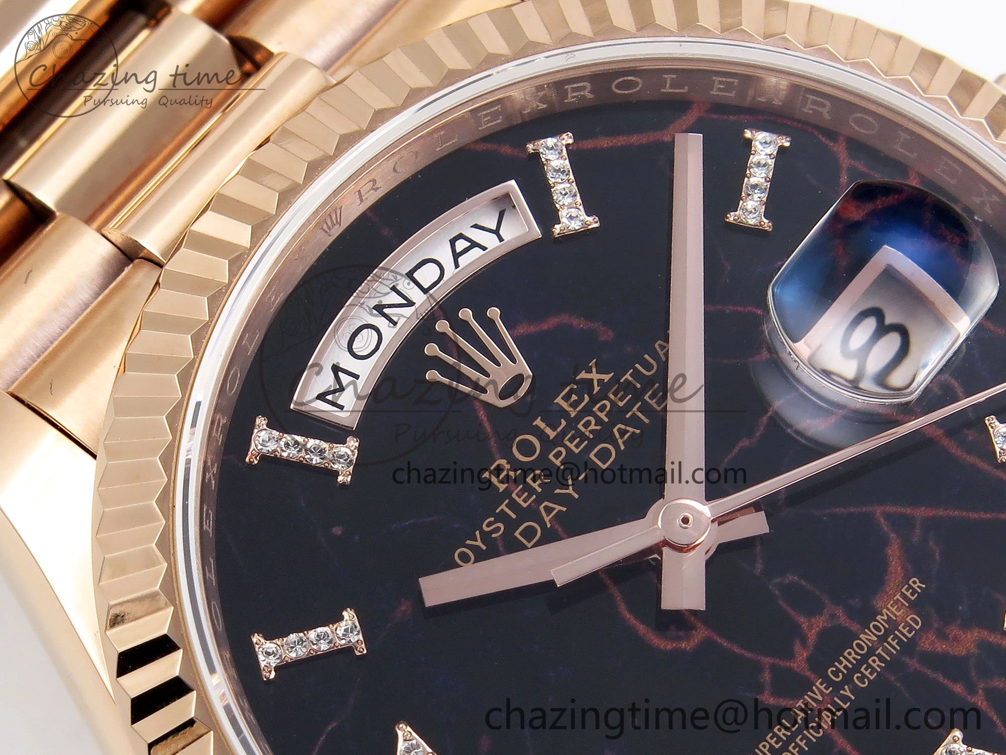 Day Date 36 RG TWSF Best Edition Black Roman Diamonds Dial on RG Bracelet A2836