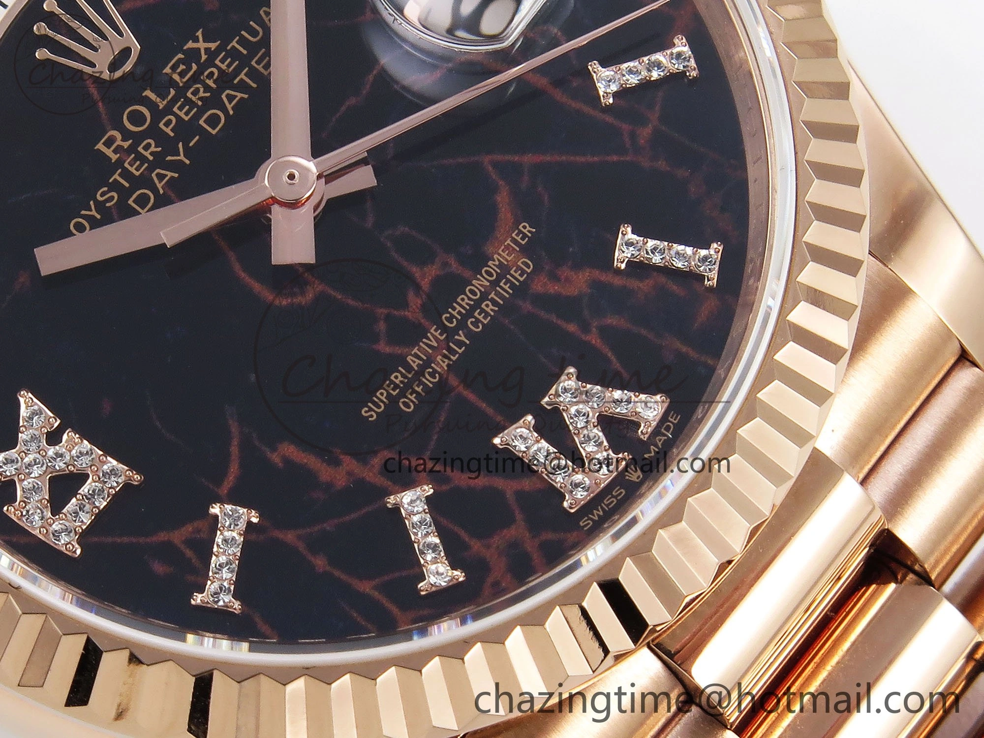 Day Date 36 RG TWSF Best Edition Black Roman Diamonds Dial on RG Bracelet A2836