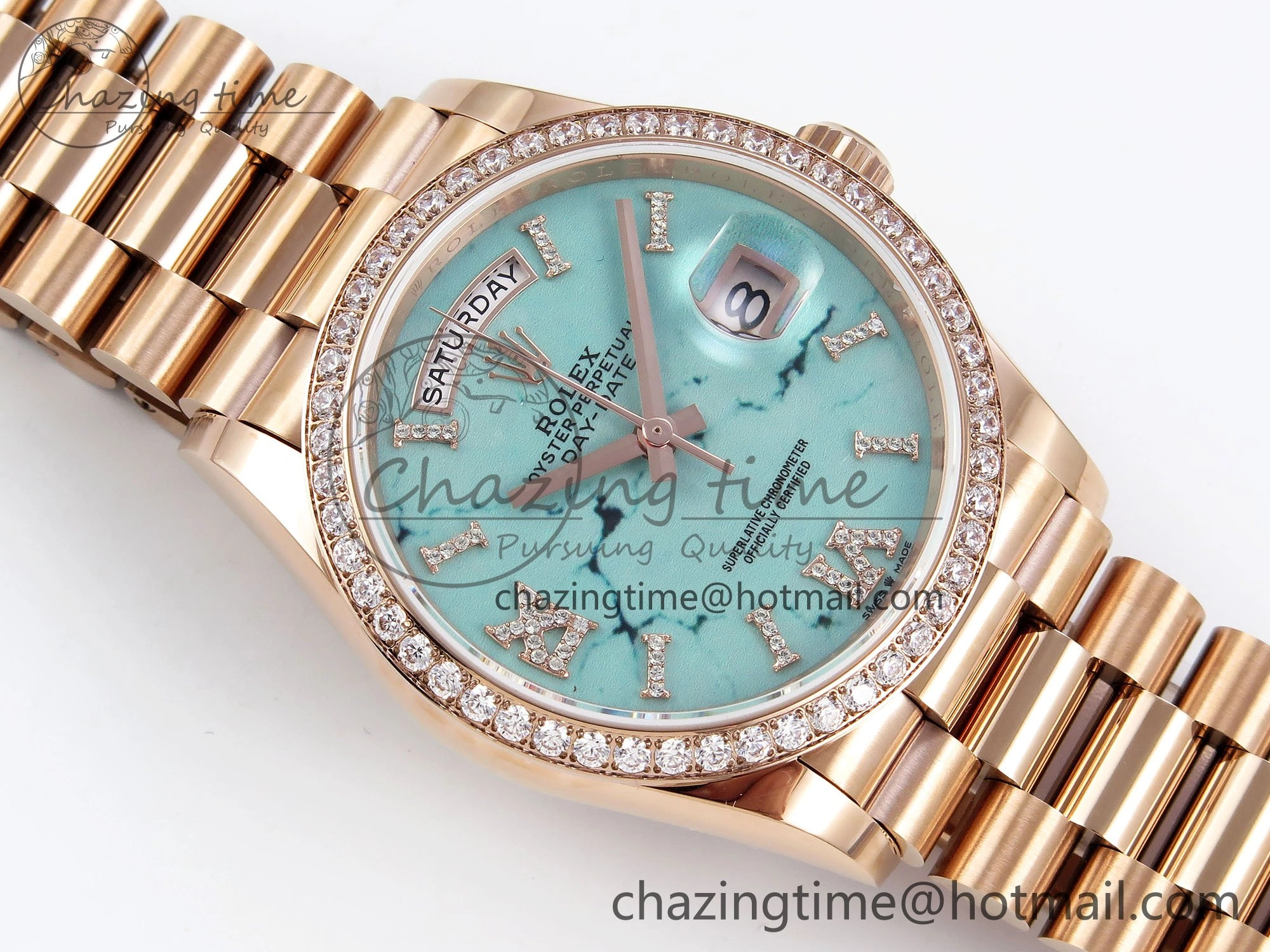 Day Date 36 RG TWSF Best Edition Blue Roman Diamonds Dial Diamonds Bezel on RG Bracelet A2836