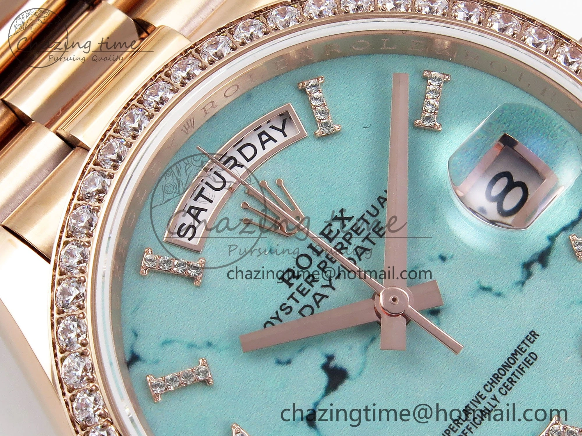 Day Date 36 RG TWSF Best Edition Blue Roman Diamonds Dial Diamonds Bezel on RG Bracelet A2836