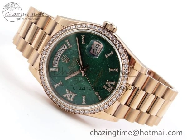 Day Date 36 RG TWSF Best Edition Green Roman Diamonds Dial Diamonds Bezel on RG Bracelet A2836
