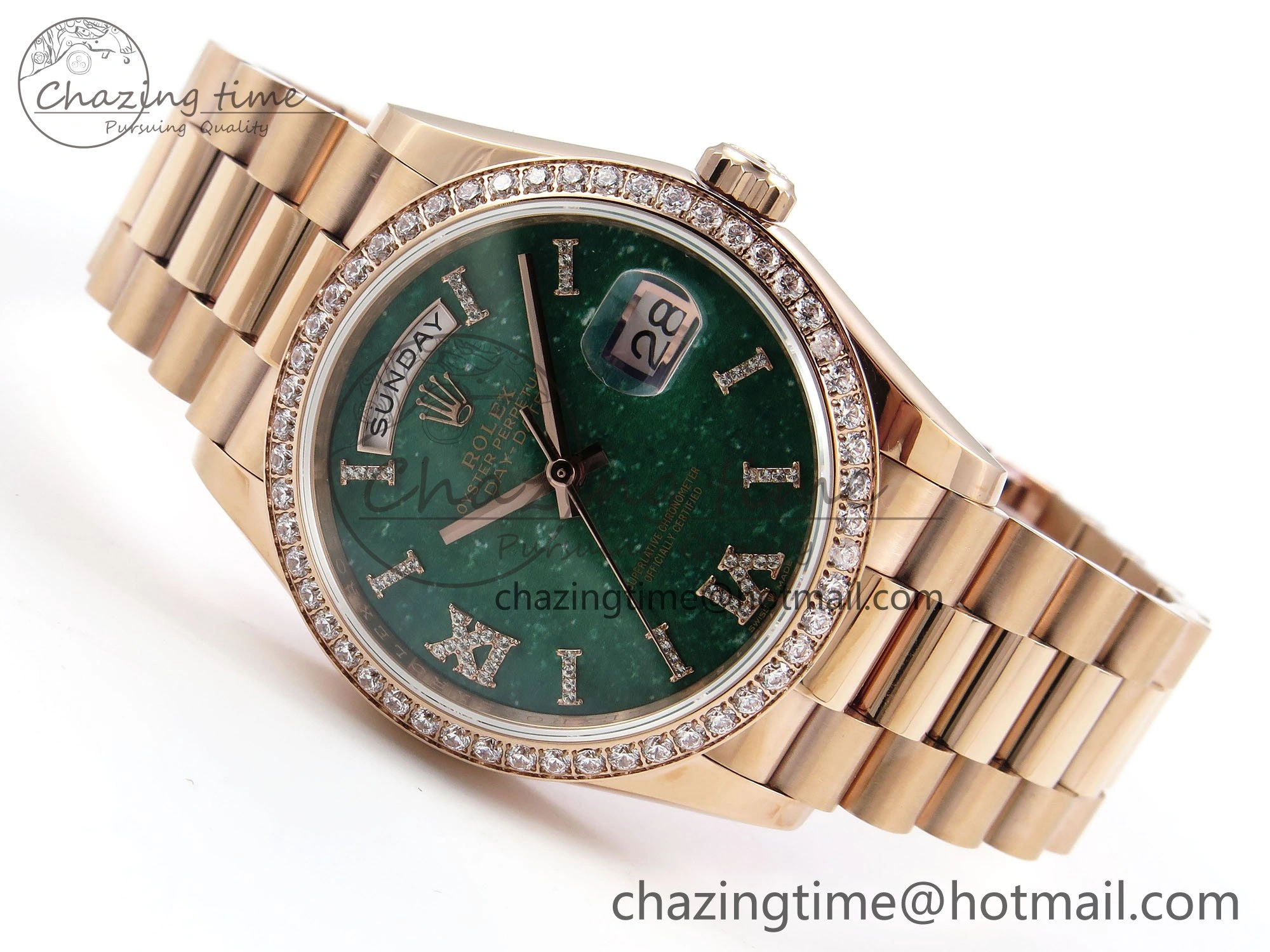 Day Date 36 RG TWSF Best Edition Green Roman Diamonds Dial Diamonds Bezel on RG Bracelet A2836