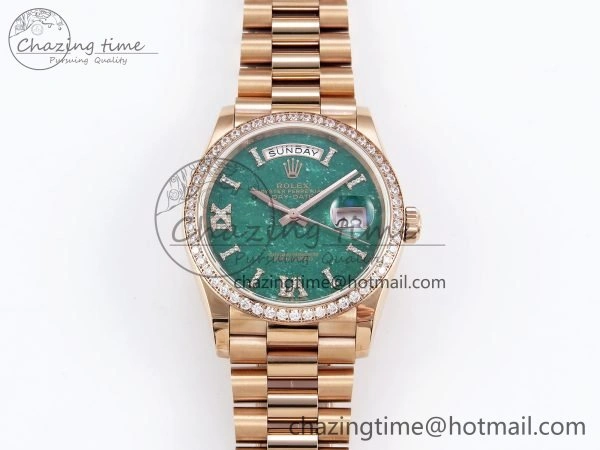 Day Date 36 RG TWSF Best Edition Green Roman Diamonds Dial Diamonds Bezel on RG Bracelet A2836