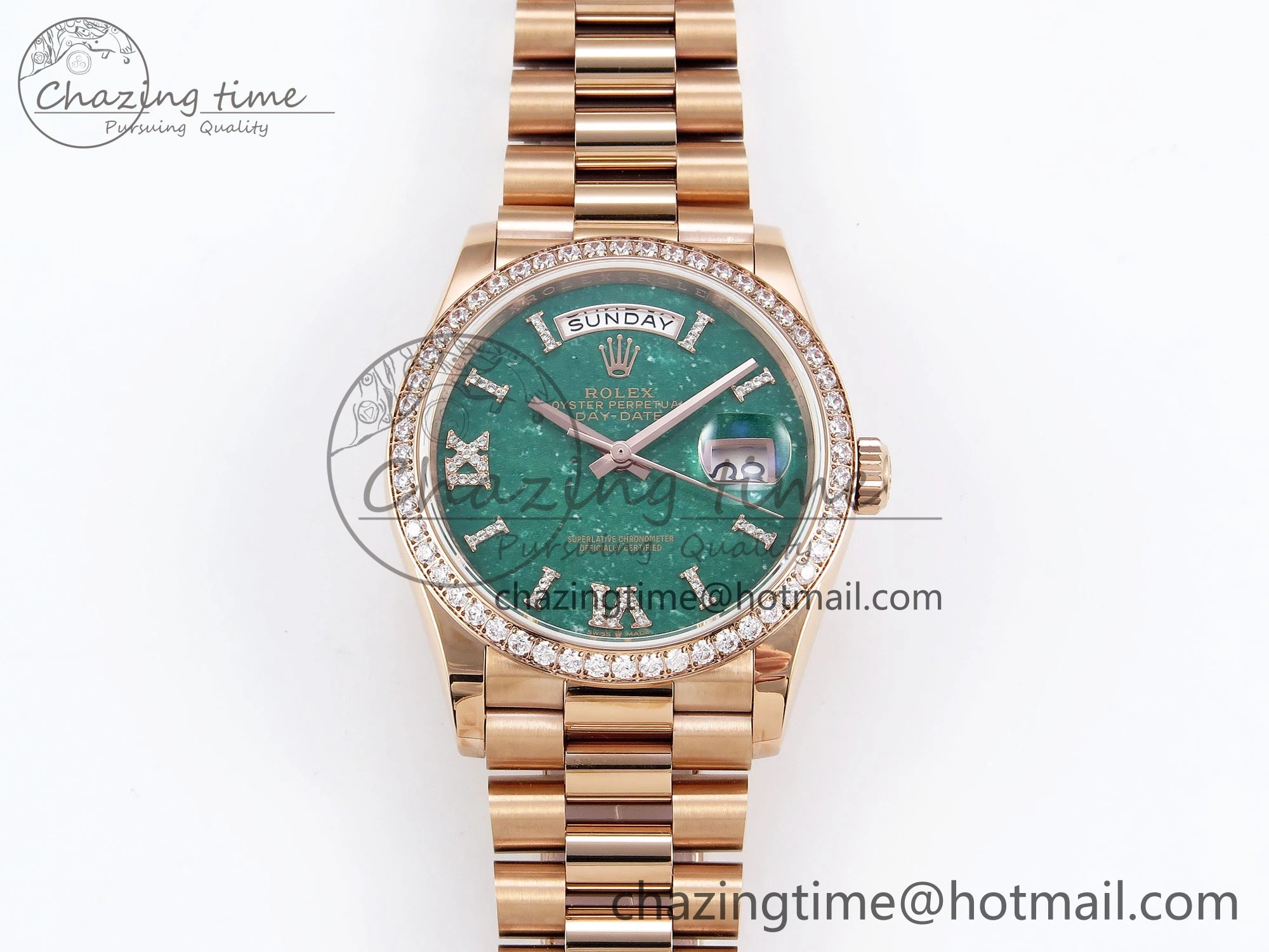 Day Date 36 RG TWSF Best Edition Green Roman Diamonds Dial Diamonds Bezel on RG Bracelet A2836