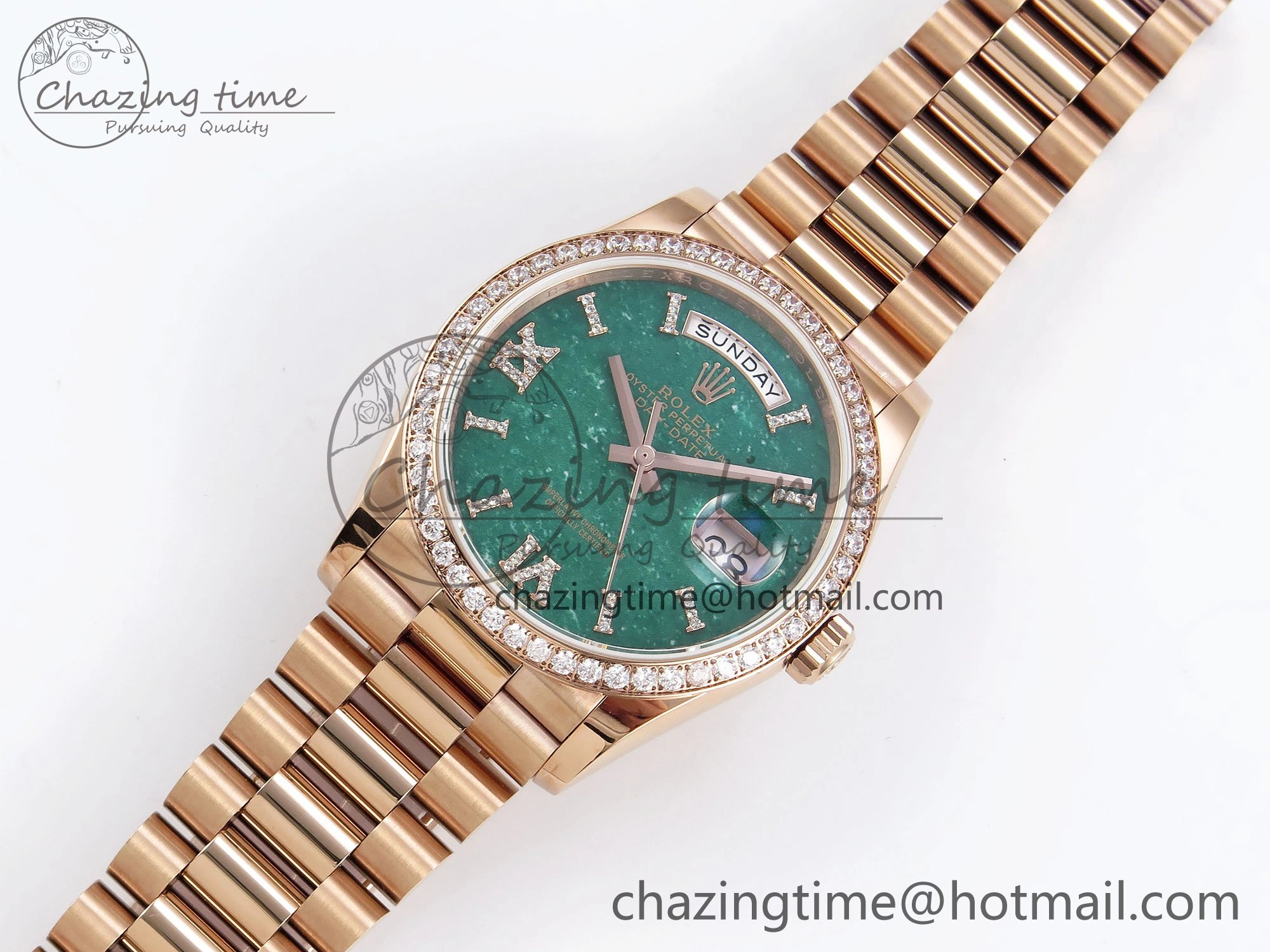 Day Date 36 RG TWSF Best Edition Green Roman Diamonds Dial Diamonds Bezel on RG Bracelet A2836