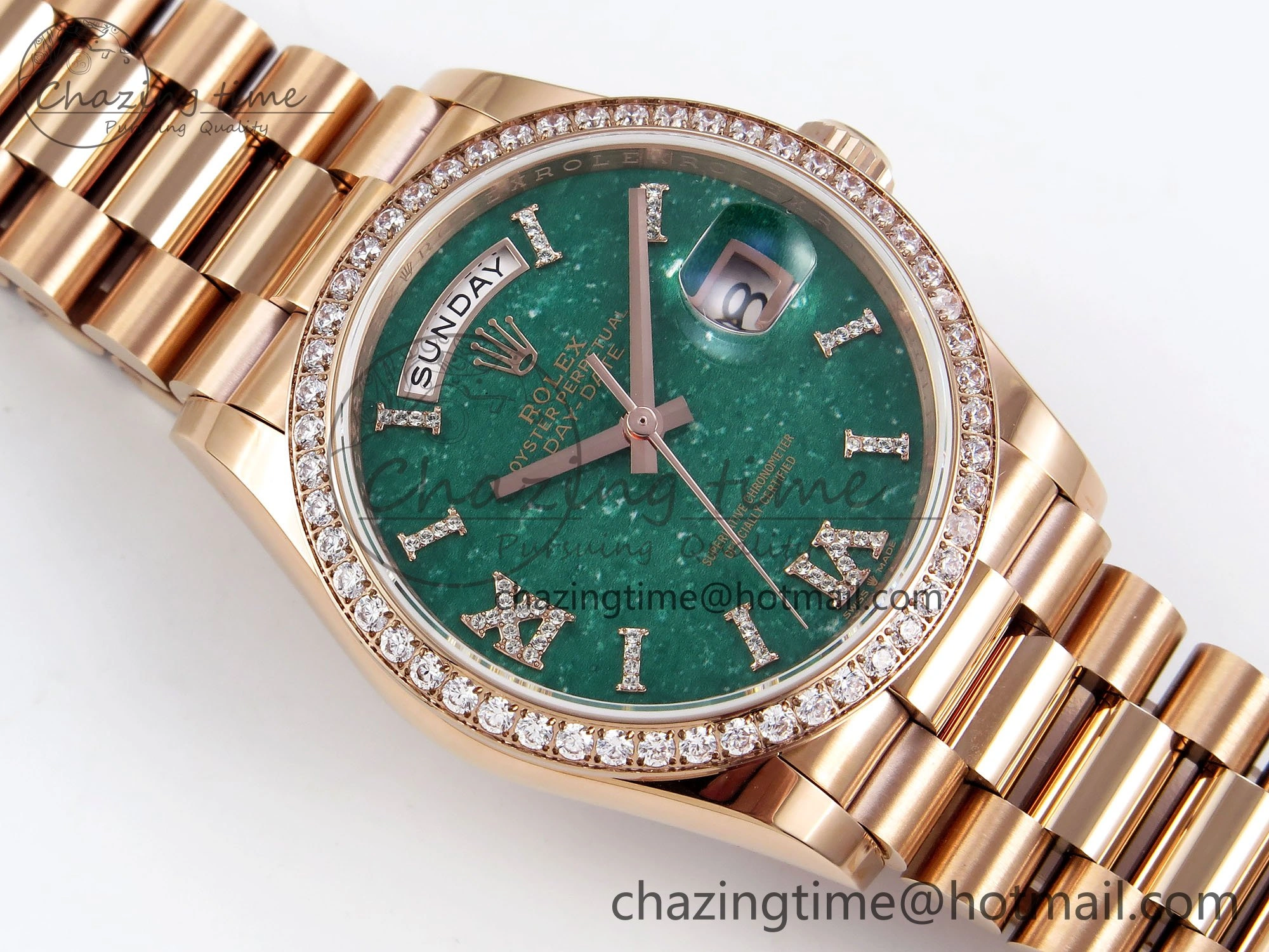 Day Date 36 RG TWSF Best Edition Green Roman Diamonds Dial Diamonds Bezel on RG Bracelet A2836