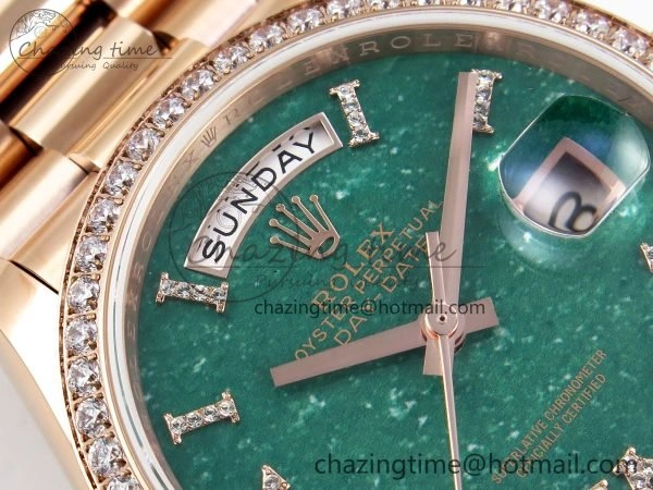 Day Date 36 RG TWSF Best Edition Green Roman Diamonds Dial Diamonds Bezel on RG Bracelet A2836