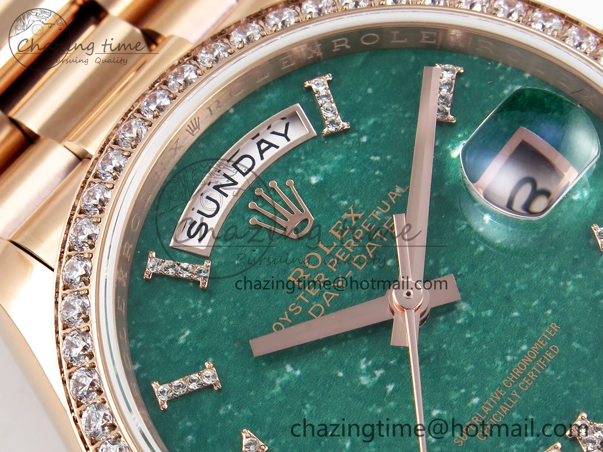 Day Date 36 RG TWSF Best Edition Green Roman Diamonds Dial Diamonds Bezel on RG Bracelet A2836