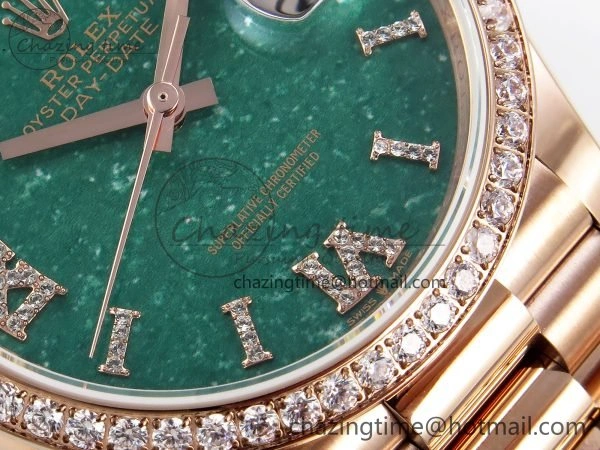 Day Date 36 RG TWSF Best Edition Green Roman Diamonds Dial Diamonds Bezel on RG Bracelet A2836