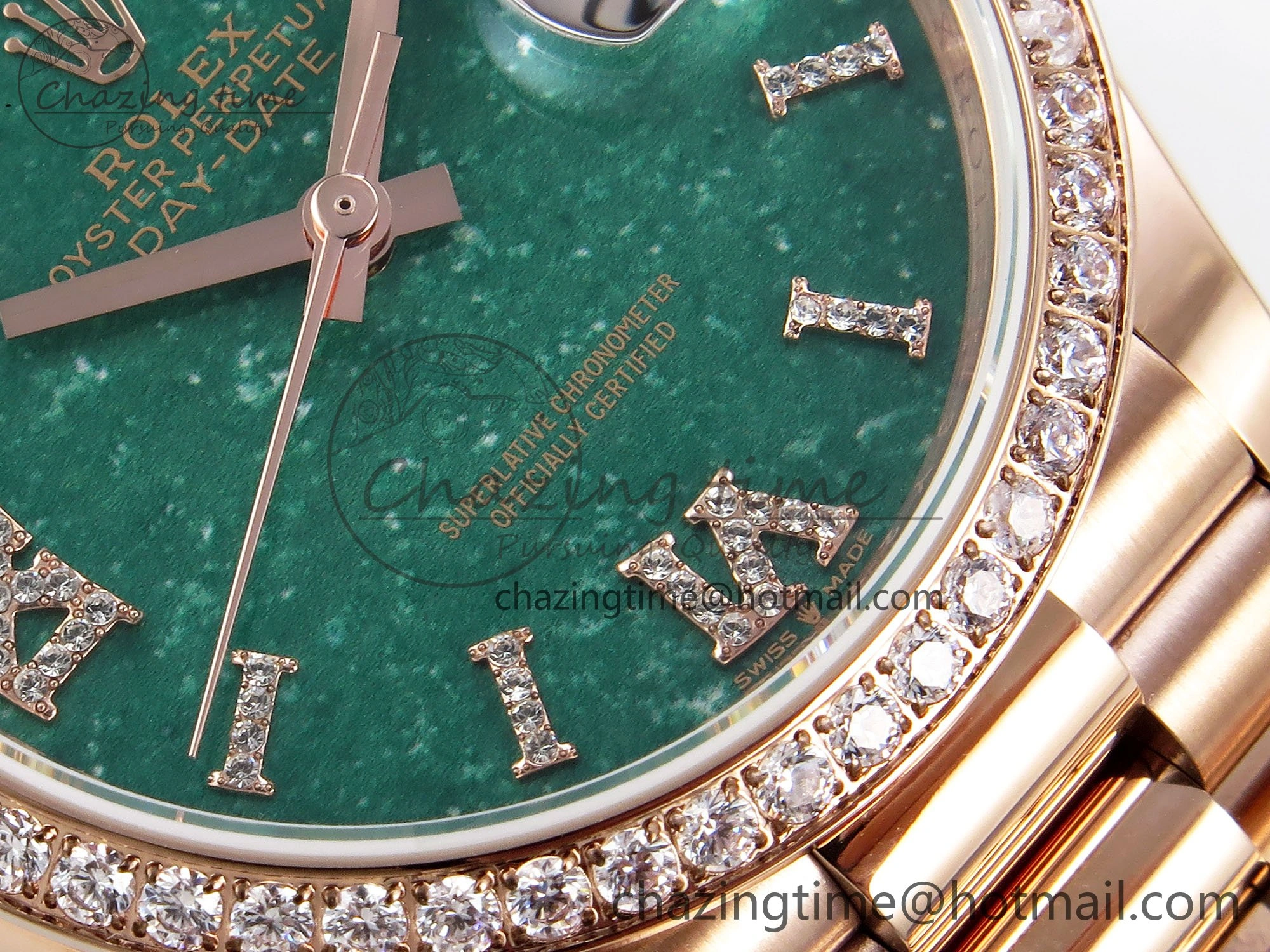 Day Date 36 RG TWSF Best Edition Green Roman Diamonds Dial Diamonds Bezel on RG Bracelet A2836
