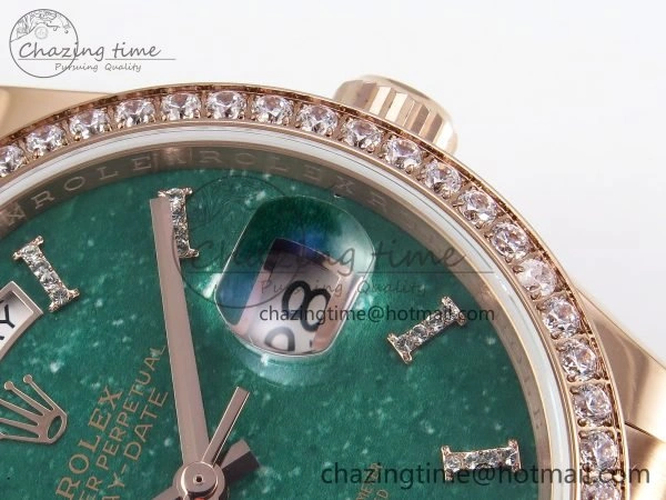 Day Date 36 RG TWSF Best Edition Green Roman Diamonds Dial Diamonds Bezel on RG Bracelet A2836