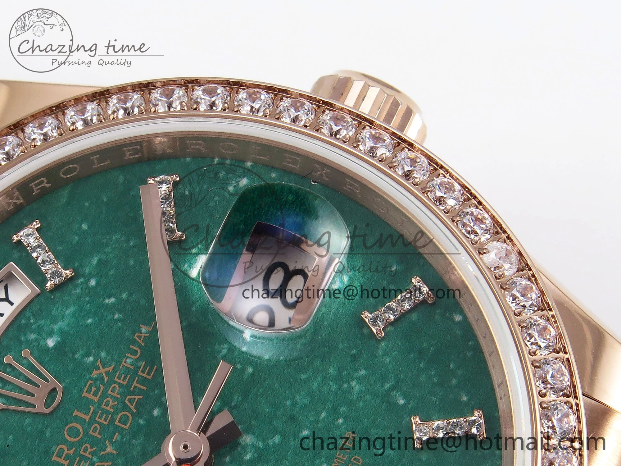 Day Date 36 RG TWSF Best Edition Green Roman Diamonds Dial Diamonds Bezel on RG Bracelet A2836