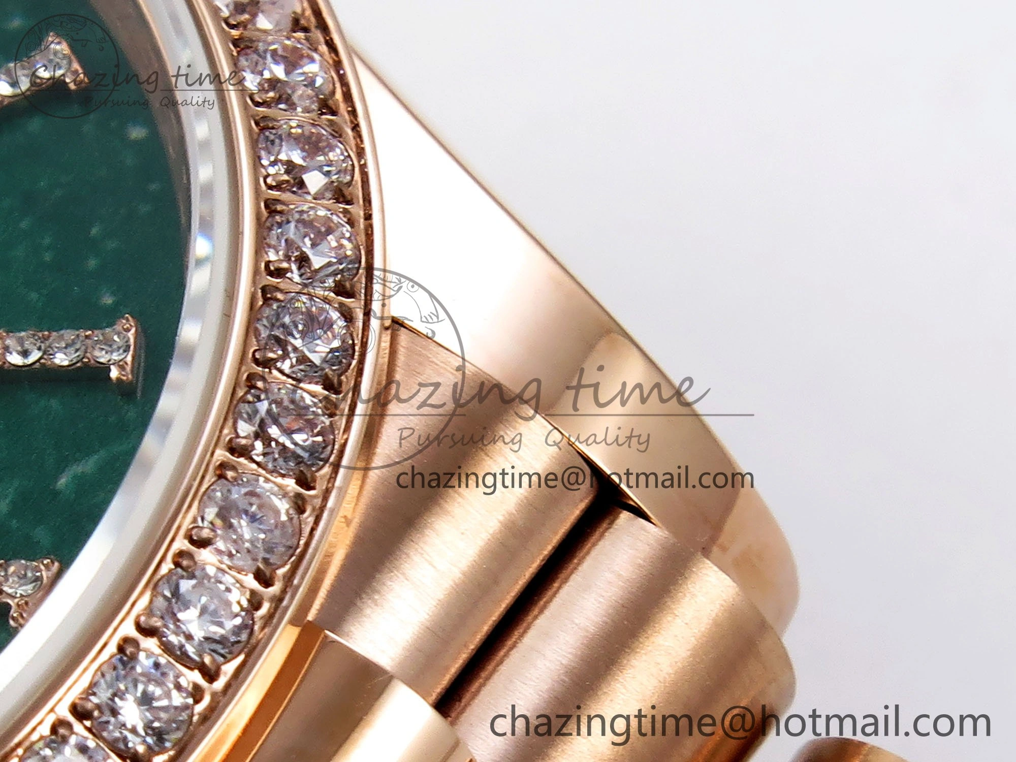Day Date 36 RG TWSF Best Edition Green Roman Diamonds Dial Diamonds Bezel on RG Bracelet A2836