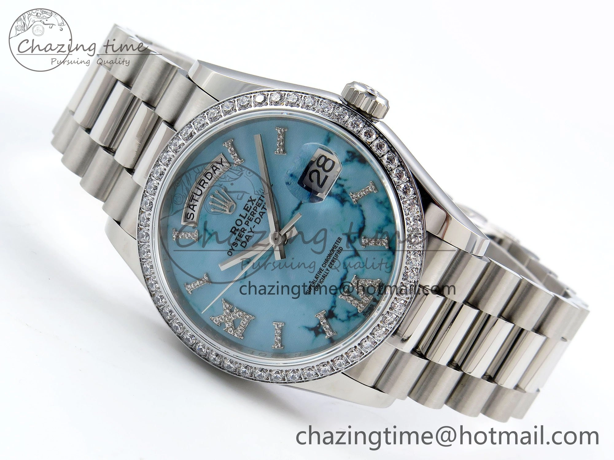 Day Date 36 SS TWSF Best Edition Blue Roman Diamonds Dial Diamonds Bezel on SS Bracelet A2836