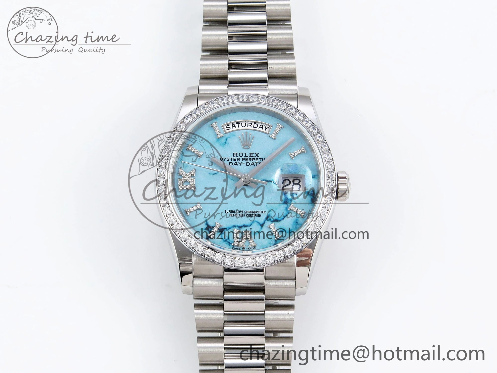 Day Date 36 SS TWSF Best Edition Blue Roman Diamonds Dial Diamonds Bezel on SS Bracelet A2836
