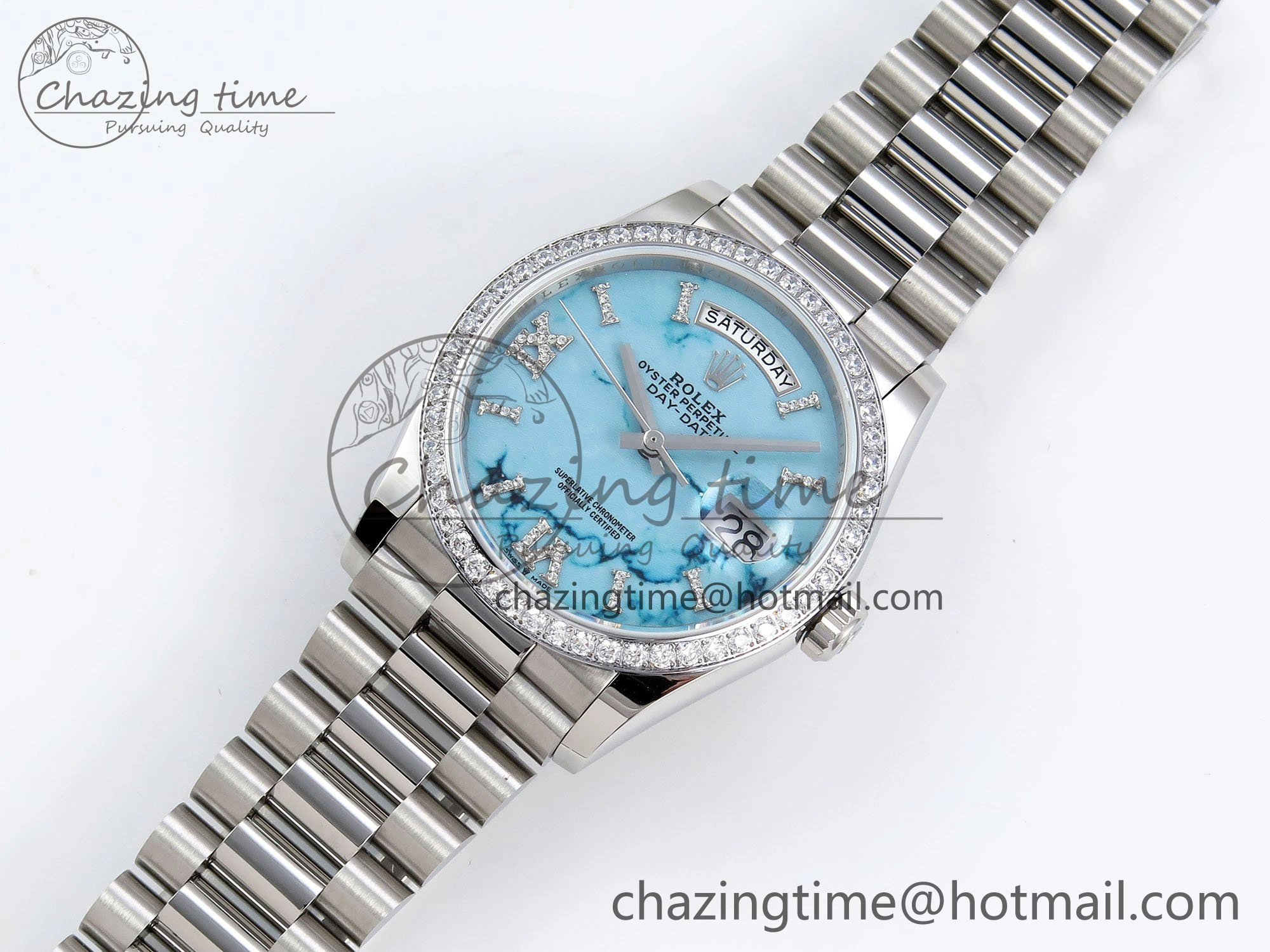 Day Date 36 SS TWSF Best Edition Blue Roman Diamonds Dial Diamonds Bezel on SS Bracelet A2836