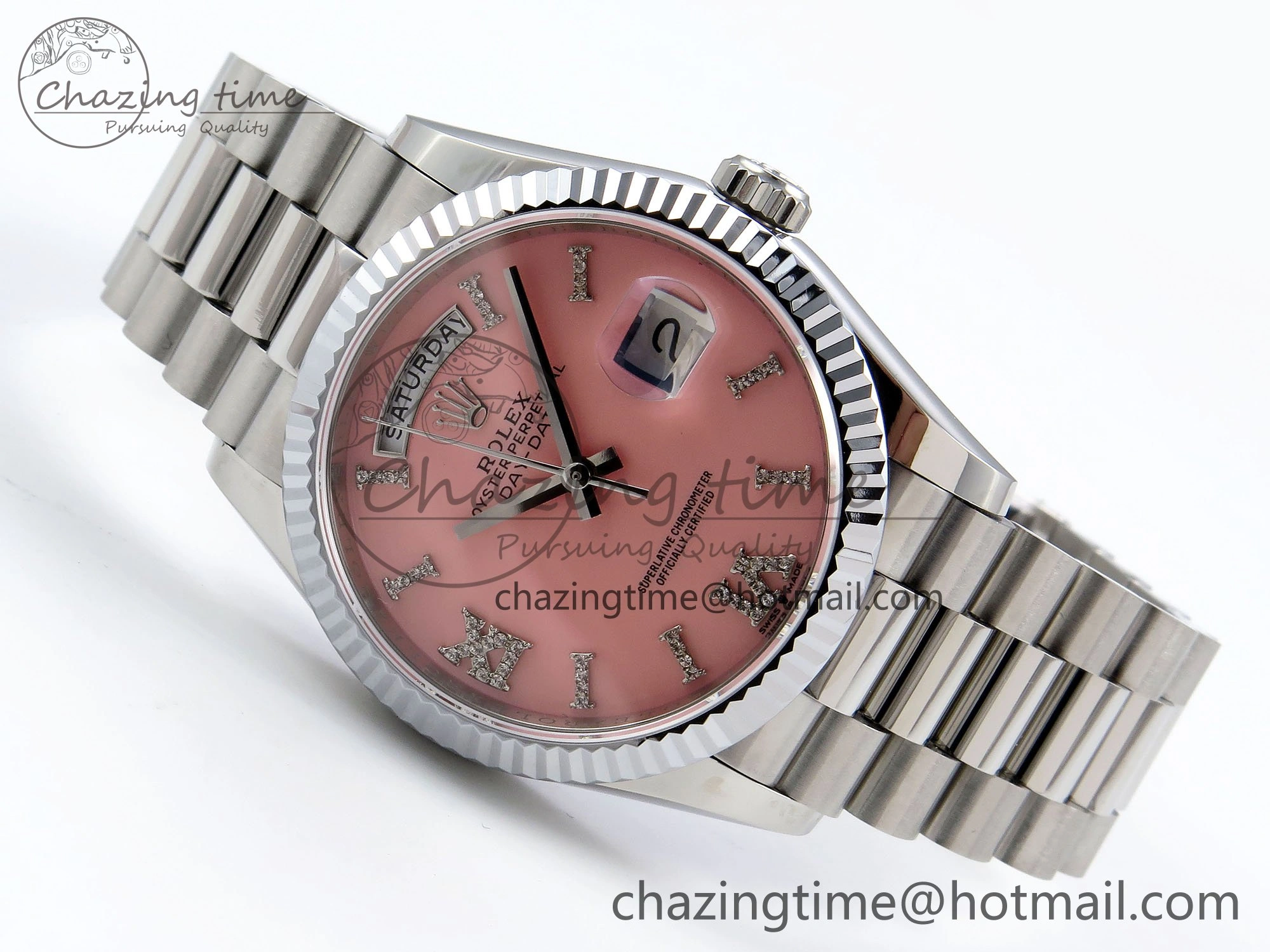 Day Date 36 SS TWSF Best Edition Pink Roman Diamonds Dial on SS Bracelet A2836