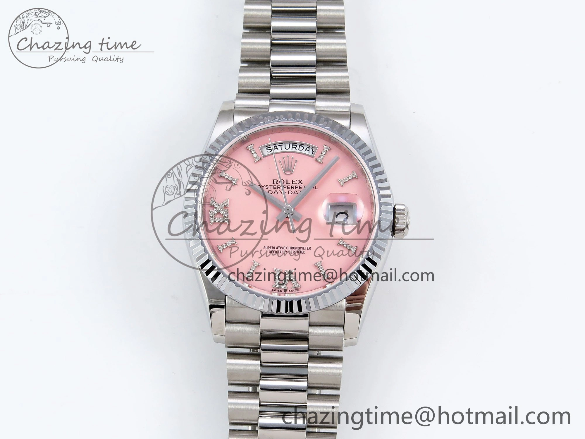 Day Date 36 SS TWSF Best Edition Pink Roman Diamonds Dial on SS Bracelet A2836