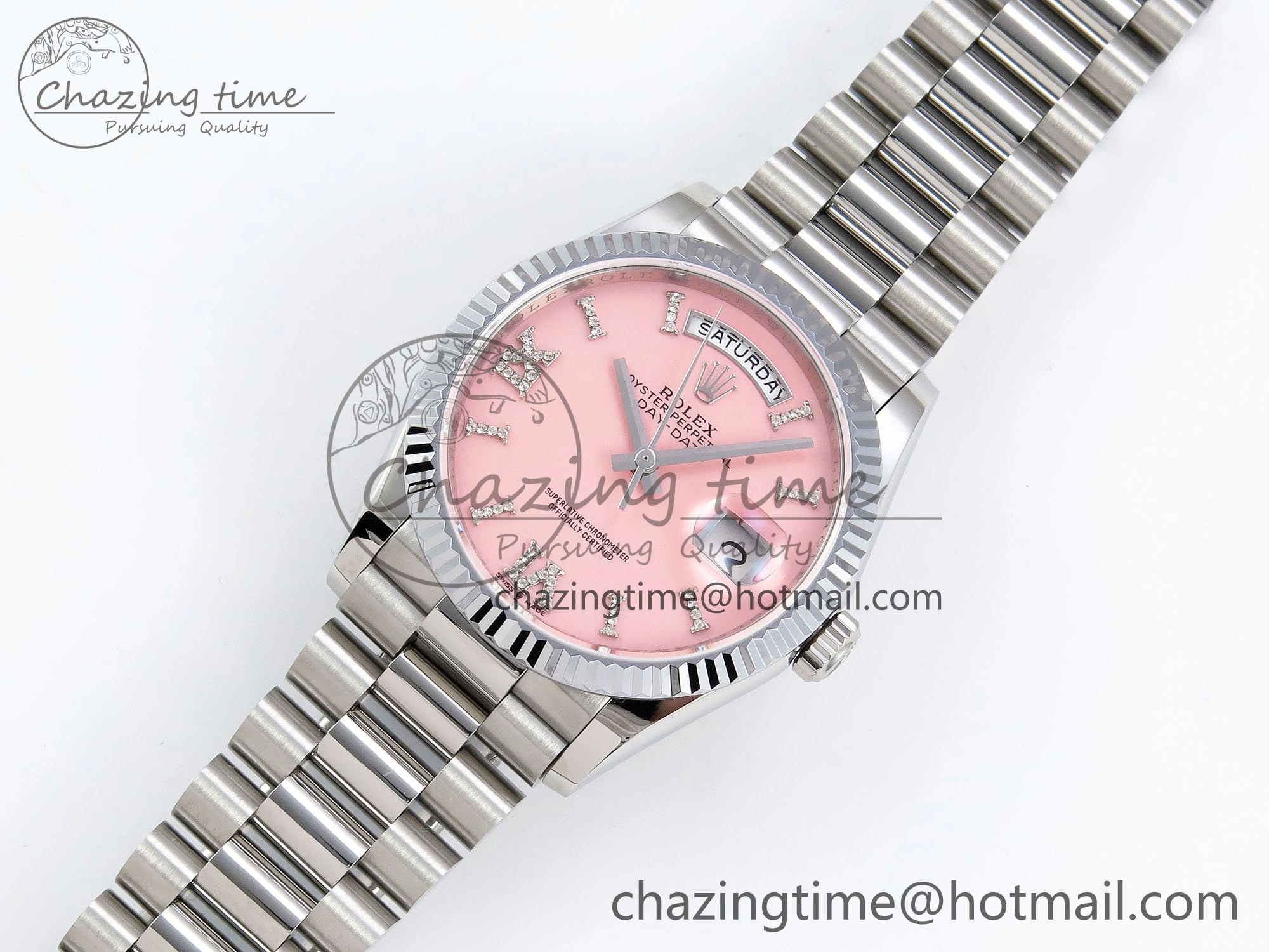 Day Date 36 SS TWSF Best Edition Pink Roman Diamonds Dial on SS Bracelet A2836