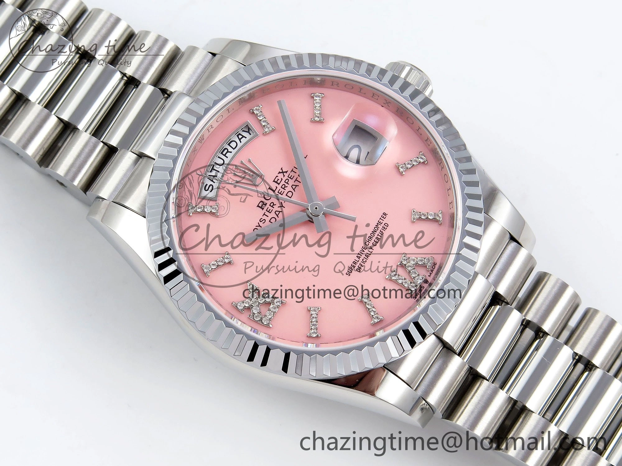 Day Date 36 SS TWSF Best Edition Pink Roman Diamonds Dial on SS Bracelet A2836