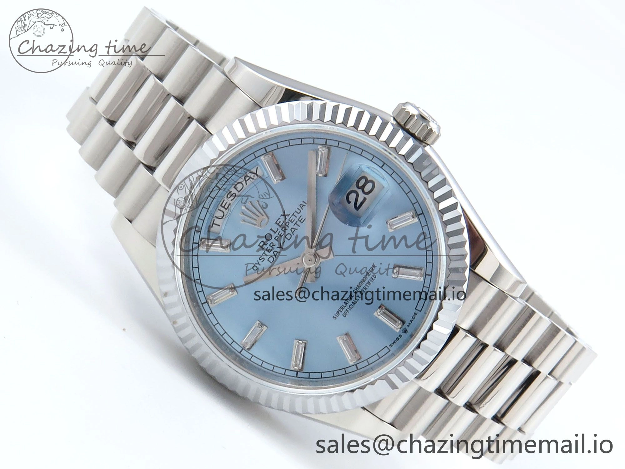 Day Date 36 YG 128236 KF 1:1 Best Edition Ice Blue Crystal Dial on President Bracelet A2836 (Gain Weight)
