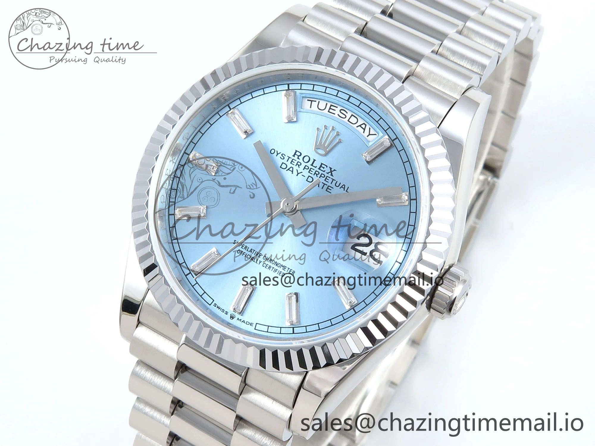 Day Date 36 YG 128236 KF 1:1 Best Edition Ice Blue Crystal Dial on President Bracelet A2836 (Gain Weight)
