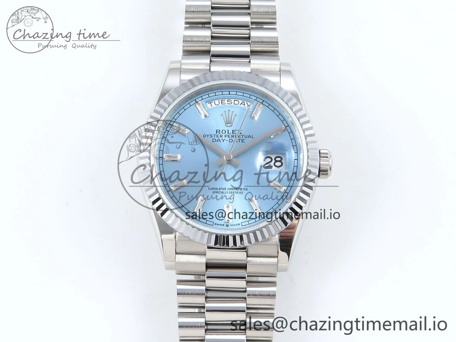 Day Date 36 YG 128236 KF 1:1 Best Edition Ice Blue Crystal Dial on President Bracelet A2836 (Gain Weight)