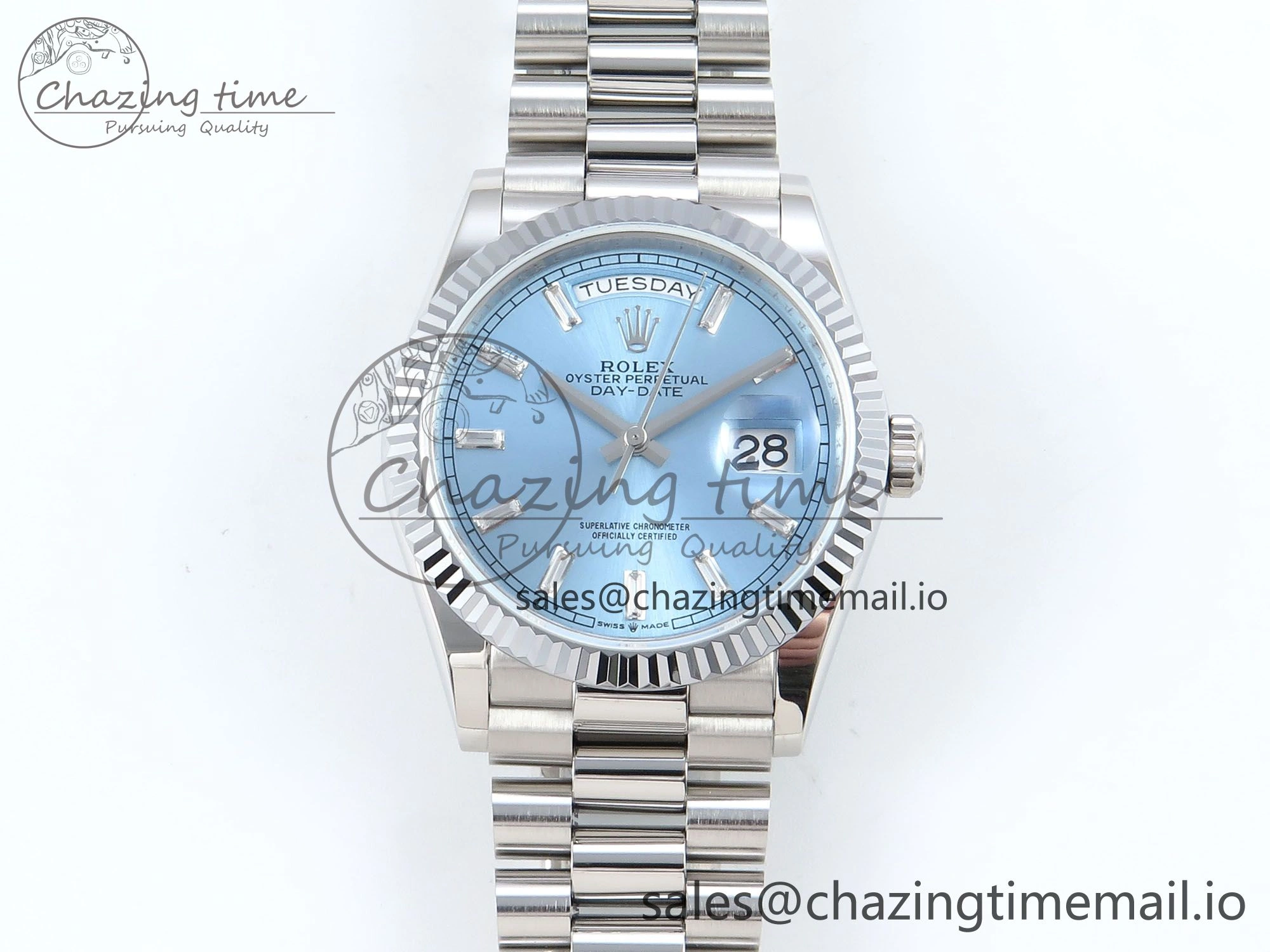 Day Date 36 YG 128236 KF 1:1 Best Edition Ice Blue Crystal Dial on President Bracelet A2836 (Gain Weight)