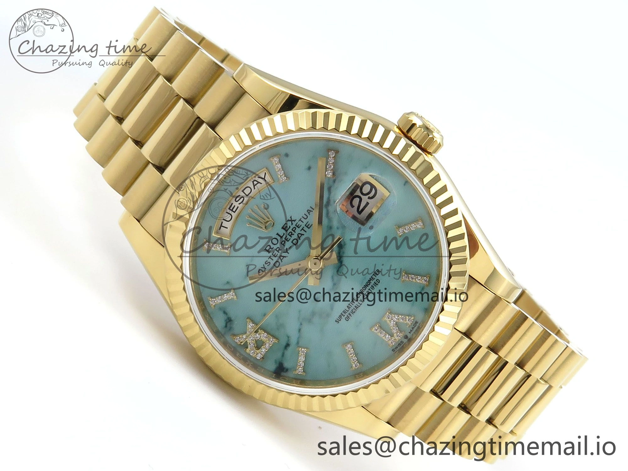 Day Date 36 YG 128238 KF 1:1 Best Edition Turquoise Dial on President Bracelet A2836 (Gain Weight)
