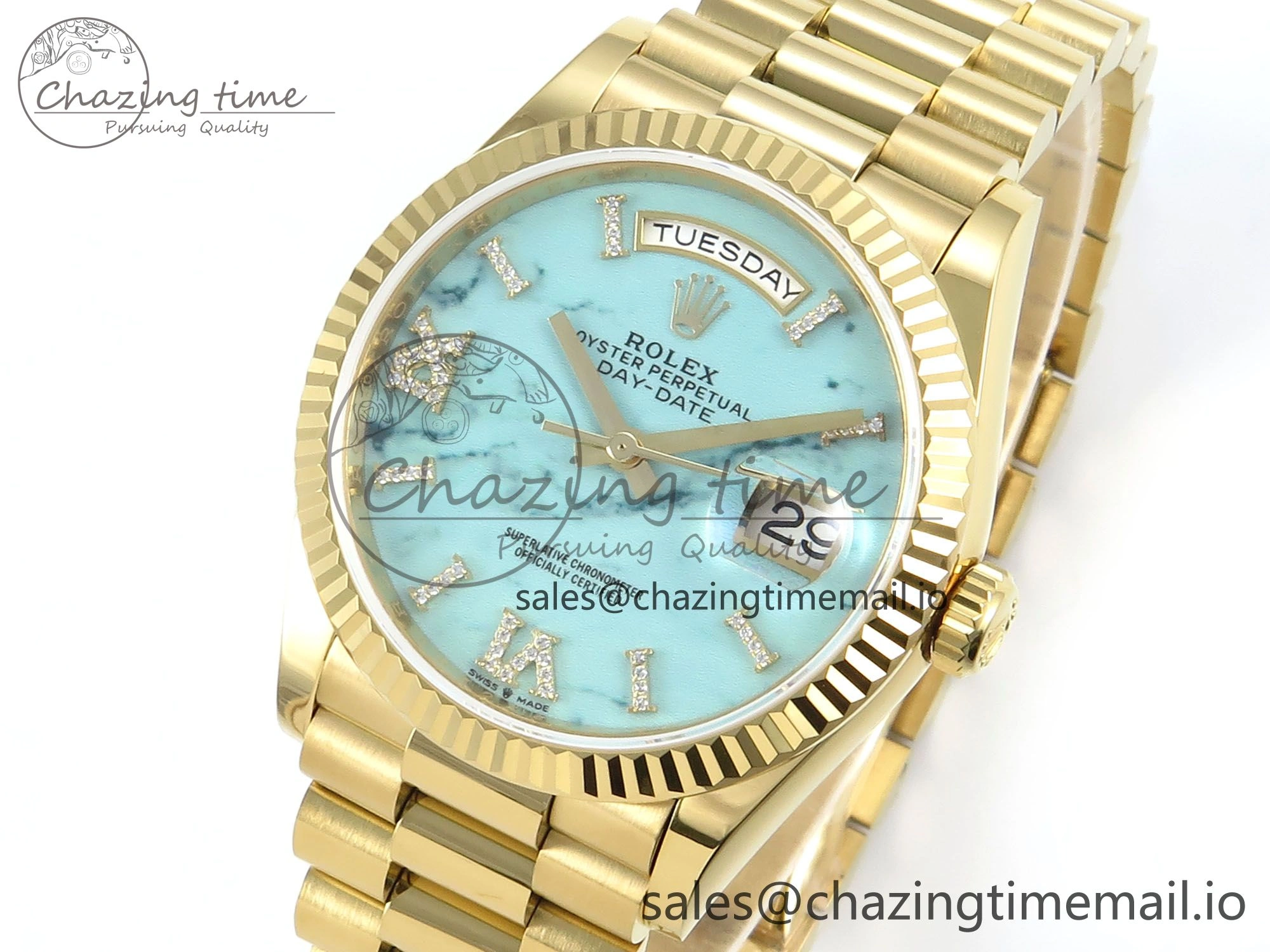 Day Date 36 YG 128238 KF 1:1 Best Edition Turquoise Dial on President Bracelet A2836 (Gain Weight)