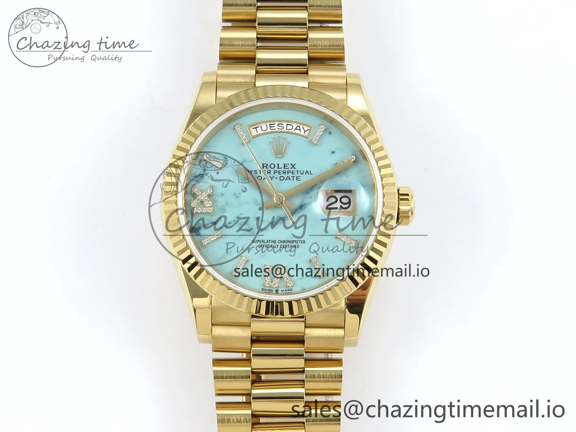Day Date 36 YG 128238 KF 1:1 Best Edition Turquoise Dial on President Bracelet A2836 (Gain Weight)