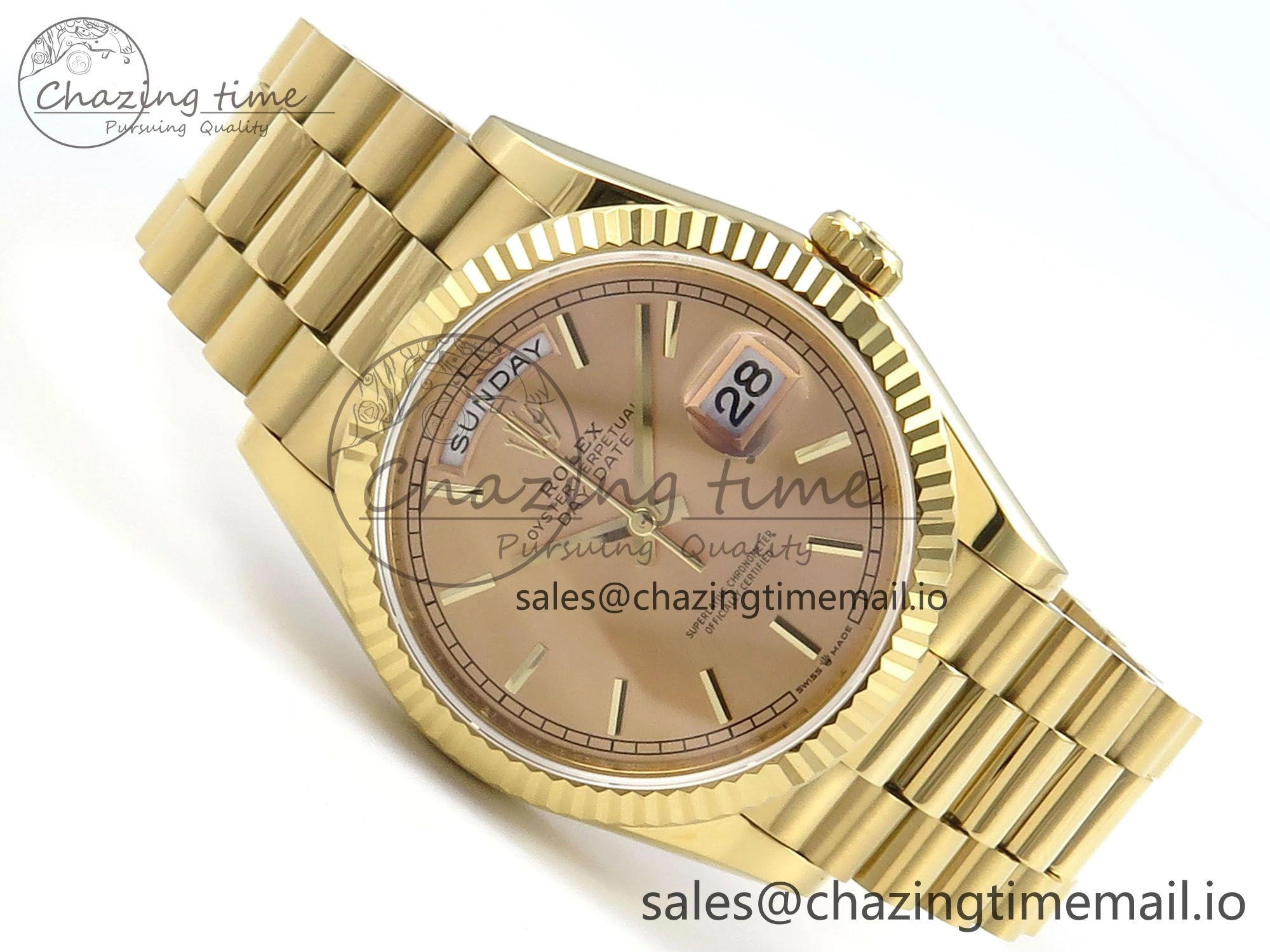 Day Date 36 YG 128238 KF 1:1 Best Edition YG Stick Dial on President Bracelet A2836 (Gain Weight)