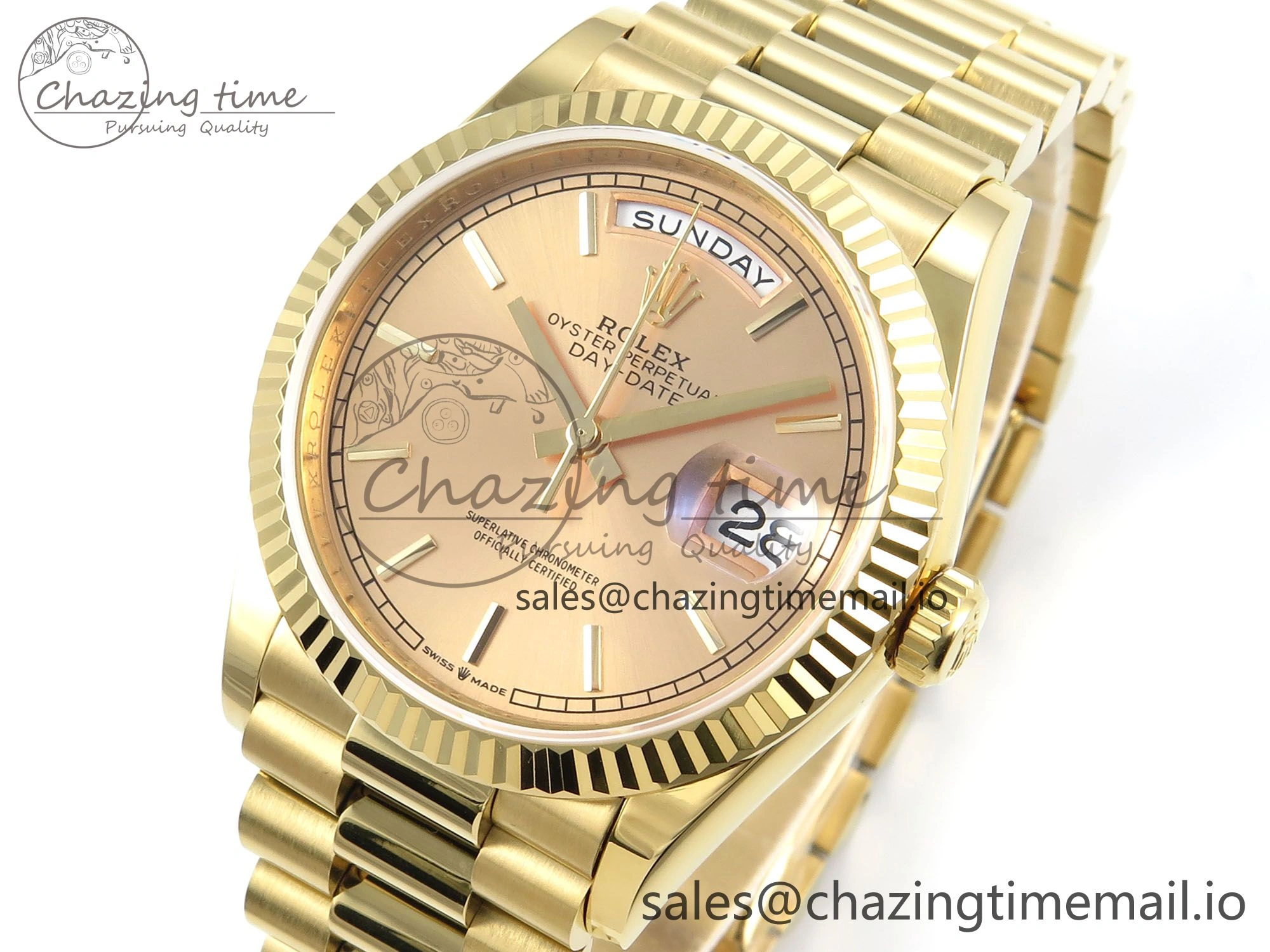 Day Date 36 YG 128238 KF 1:1 Best Edition YG Stick Dial on President Bracelet A2836 (Gain Weight)