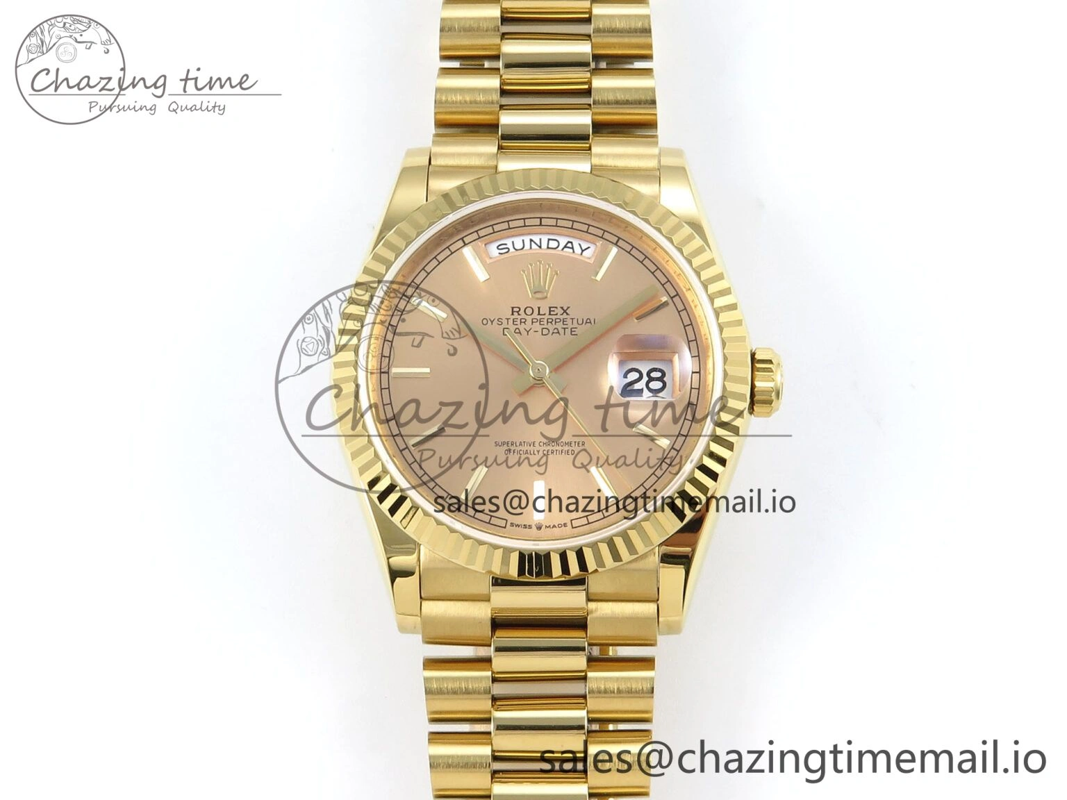 Day Date 36 YG 128238 KF 1:1 Best Edition YG Stick Dial on President Bracelet A2836 (Gain Weight)