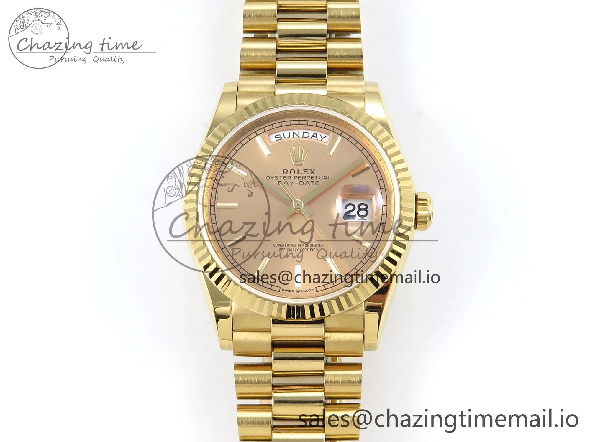 Day Date 36 YG 128238 KF 1:1 Best Edition YG Stick Dial on President Bracelet A2836 (Gain Weight)