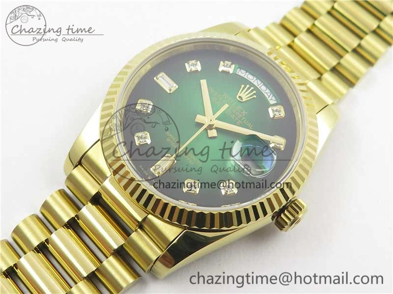 Day-Date 36 YG 128239 Bp Maker Best Edition Green Dial Crystral Markers on YG President Bracelet