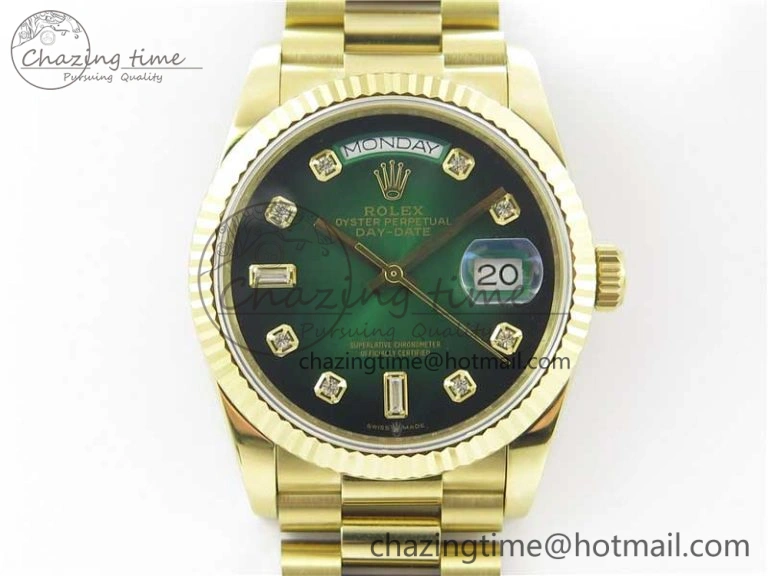 Day-Date 36 YG 128239 Bp Maker Best Edition Green Dial Crystral Markers on YG President Bracelet