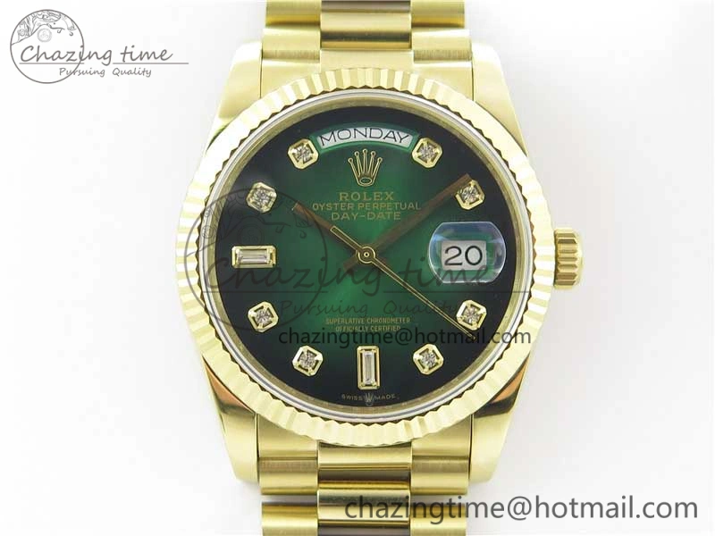 Day-Date 36 YG 128239 Bp Maker Best Edition Green Dial Crystral Markers on YG President Bracelet