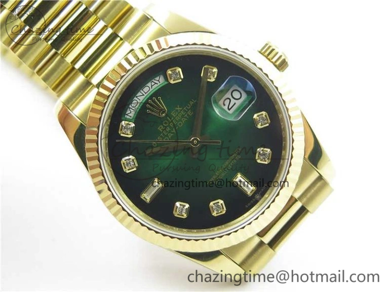 Day-Date 36 YG 128239 Bp Maker Best Edition Green Dial Crystral Markers on YG President Bracelet