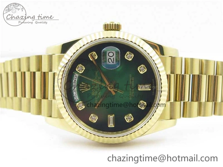 Day-Date 36 YG 128239 Bp Maker Best Edition Green Dial Crystral Markers on YG President Bracelet