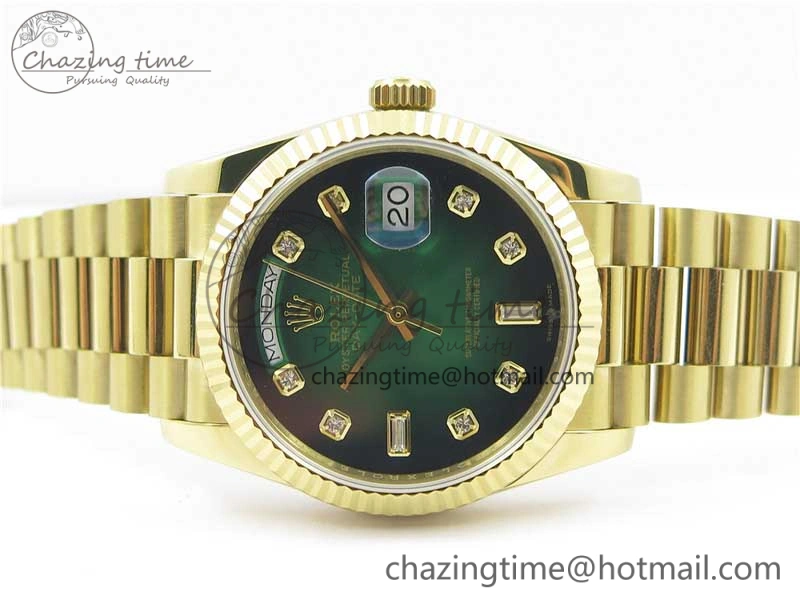 Day-Date 36 YG 128239 Bp Maker Best Edition Green Dial Crystral Markers on YG President Bracelet