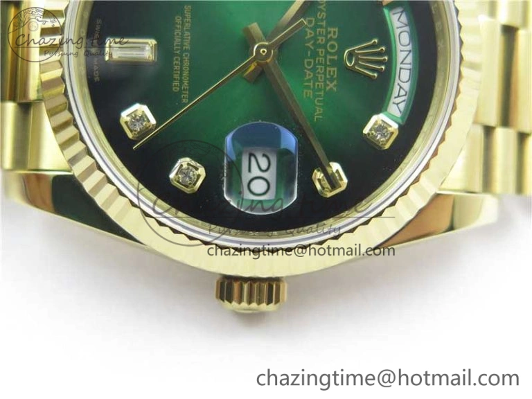 Day-Date 36 YG 128239 Bp Maker Best Edition Green Dial Crystral Markers on YG President Bracelet