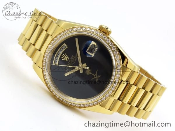 Day Date 36 YG RAF 1:1 Best Edition Black Oman Dial Diamonds Bezel on YG Bracelet A2836