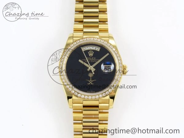 Day Date 36 YG RAF 1:1 Best Edition Black Oman Dial Diamonds Bezel on YG Bracelet A2836