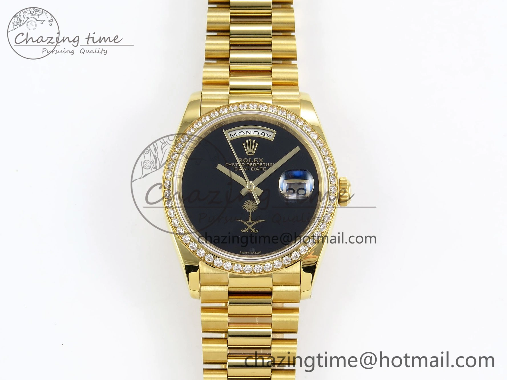 Day Date 36 YG RAF 1:1 Best Edition Black Oman Dial Diamonds Bezel on YG Bracelet A2836