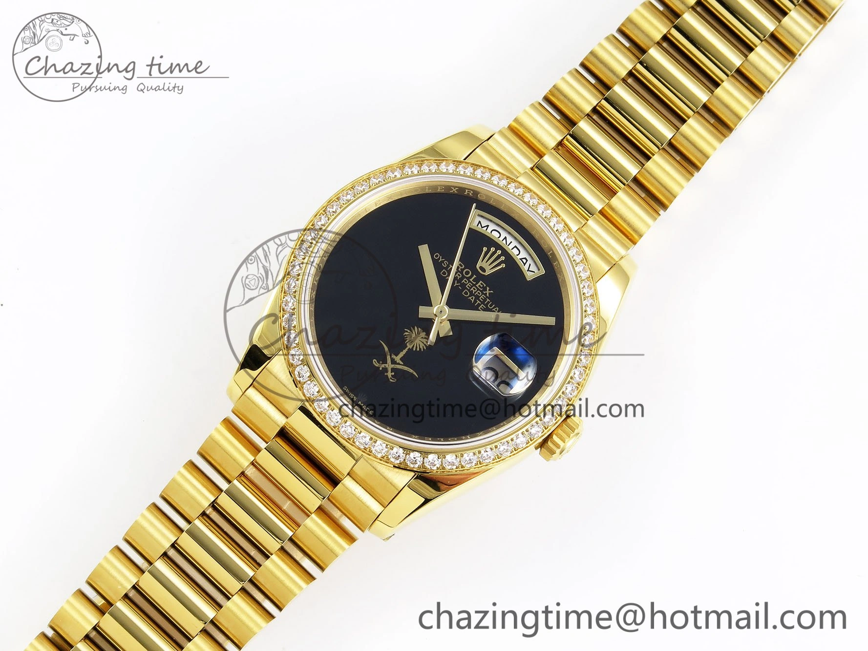 Day Date 36 YG RAF 1:1 Best Edition Black Oman Dial Diamonds Bezel on YG Bracelet A2836